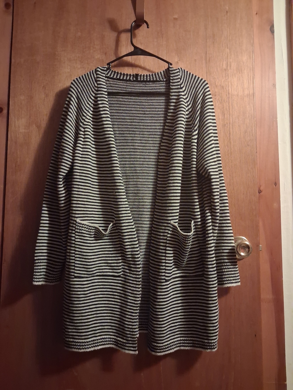 Striped Open-Front Longline Cardigan Sweater - Black & White